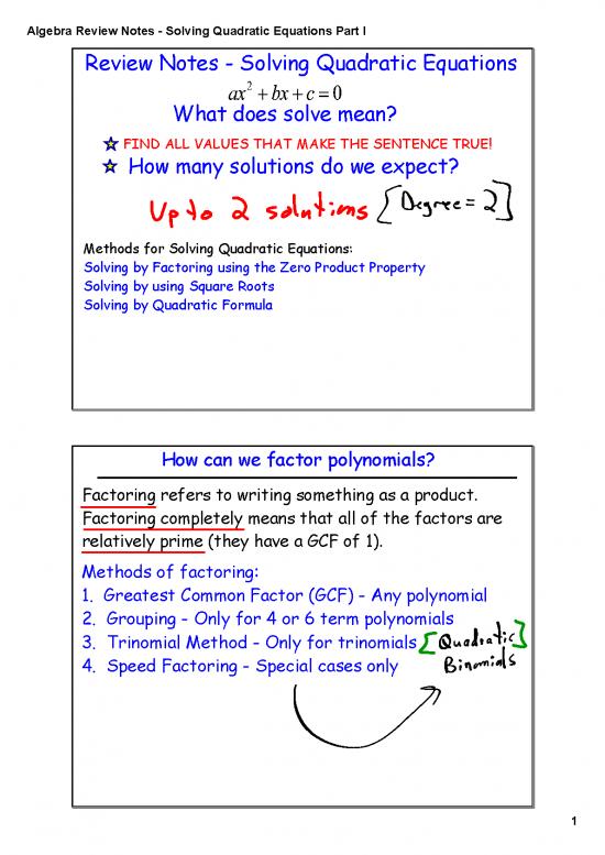 picture_Solving Quadratic Equations Pdf 178488 | Algebra Review Notes   Solving Quadratic Equations Part I Key