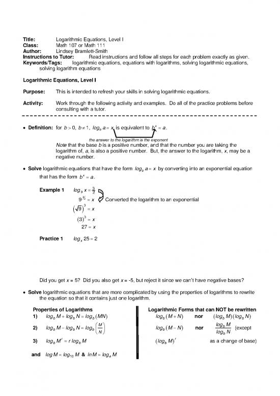 picture Solving Equations Pdf 181931 | Logarithmic Equations Level I