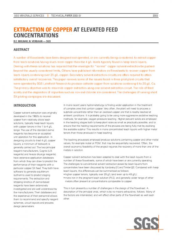 picture_Extraction Of Copper Pdf 181234 | Sgs Min Tp2003 07 Copper Extraction At Elevated Feed Concentrate