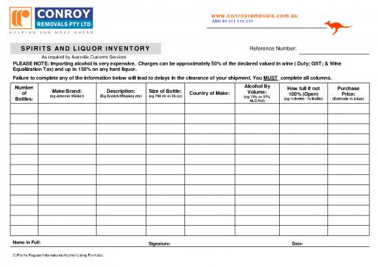 picture Printable Inventory Form 194358 | Australia Alcohol Listing Form