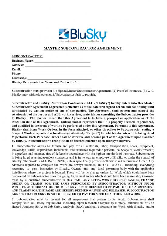picture_Agreement Form 201695 | 1 Msa Subcontractor Agreement Msa