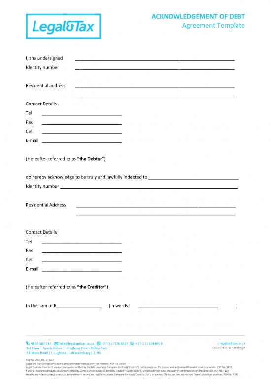 picture_Agreement Sample 203156 | Acknowledgement Of Debt
