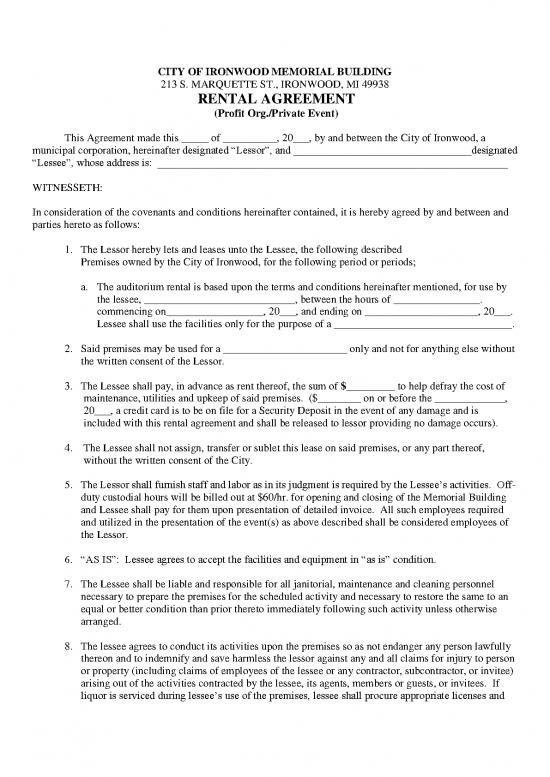 picture1_Rental Agreement Pdf 201782 | Fillable Auditorium Rental Agreement Profit Or Private Event