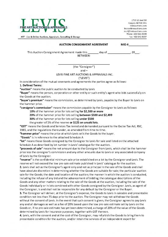 picture_Agreement Sample 201871 | Standard Consignment Contract Levis Art Auctions Inc