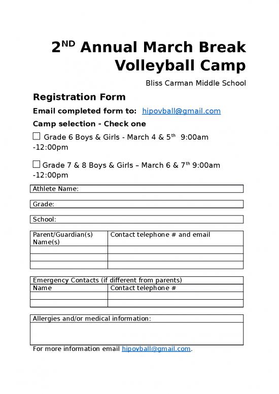 picture Camp Registration Form Id 23767 | March Break Volleyball Camp   Registration