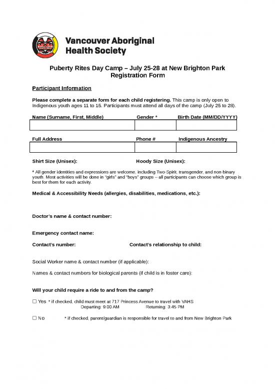picture Camp Registration Form Id 23823 | Puberty Rites Day Camp   Registration Form