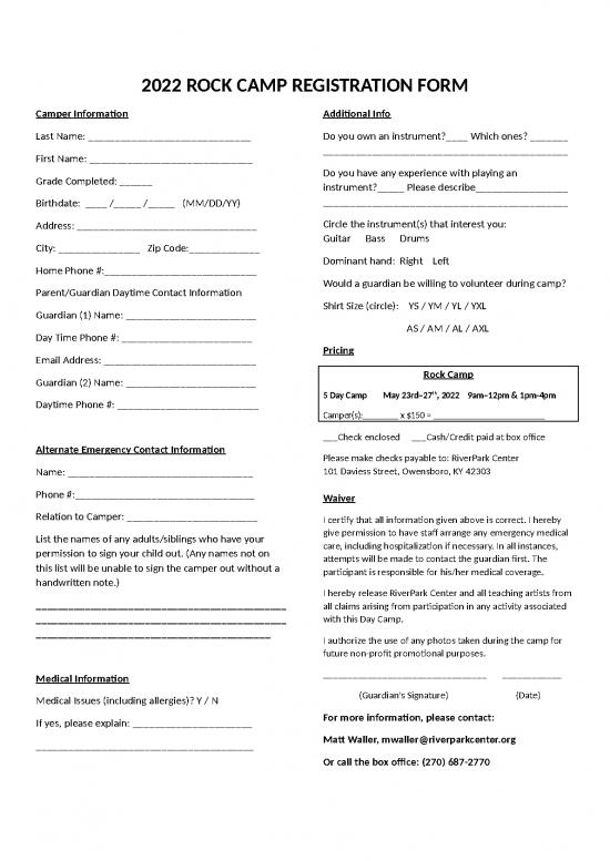 picture Camp Registration Form Id 23813 | Rock Camp Registration Info