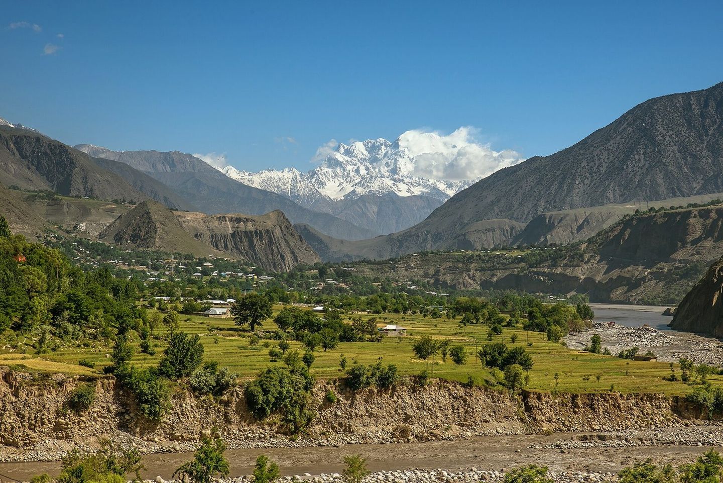 The green Chitral valley below snow-capped Tirich Mir