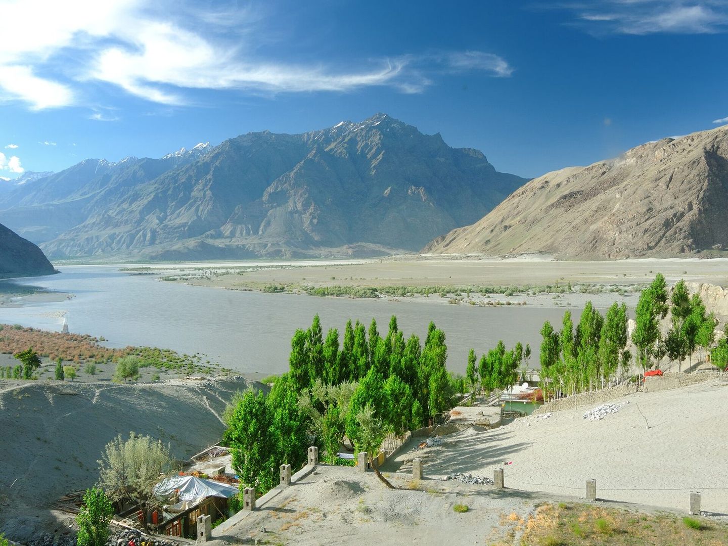 The Indus spreading across the broad Skardu valley below the mountains