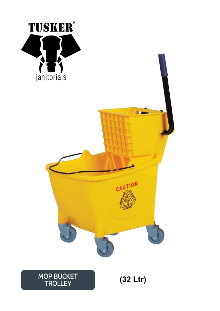 TUSKER Mop Bucket Trolley Side Press Deluxe Wringer on Wheels 32 Liters Yellow