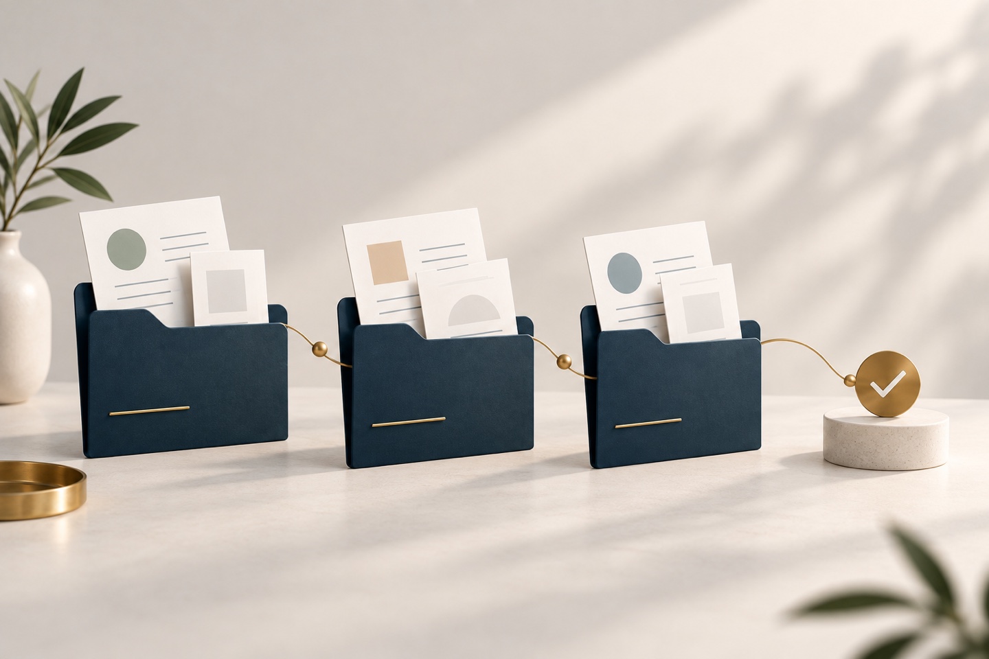 Conceptual illustration of company records organized for review.