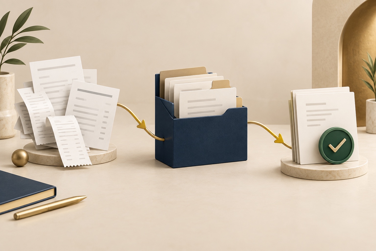 Conceptual illustration of records moving from source documents into an organized review.