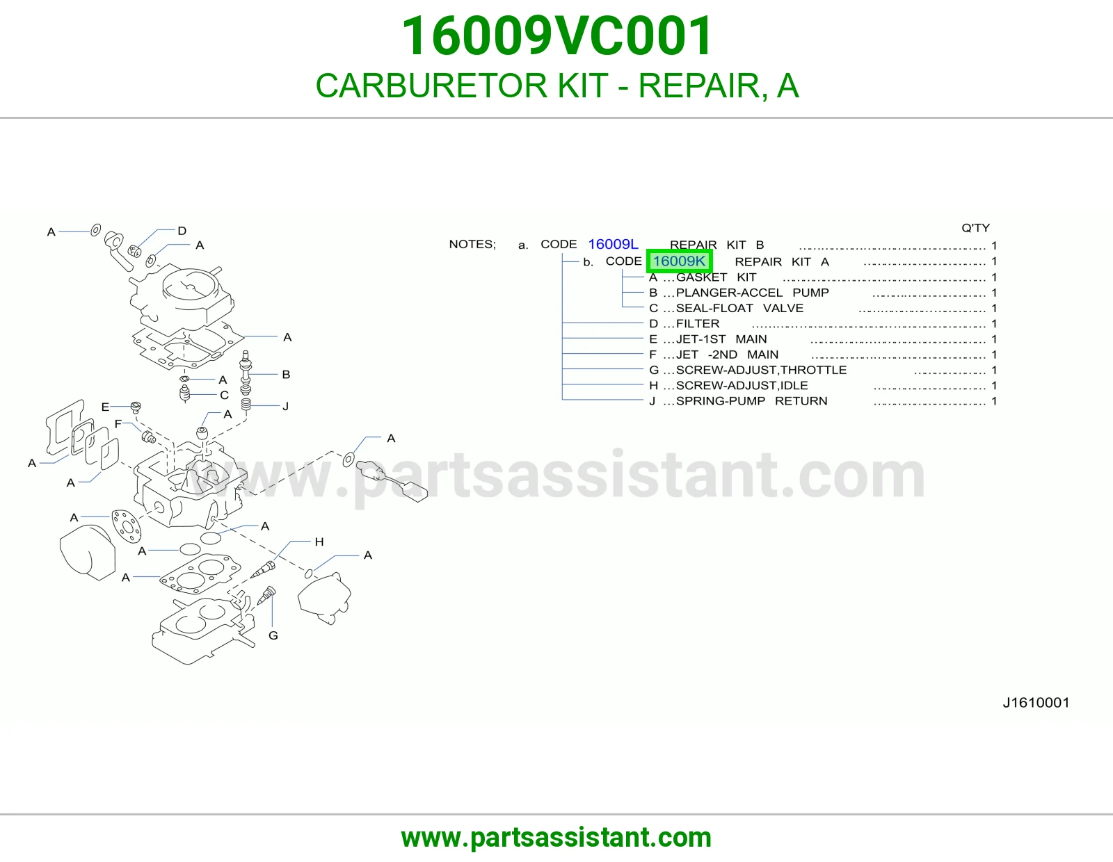 CARBURETOR KIT - REPAIR, A 16009VC001