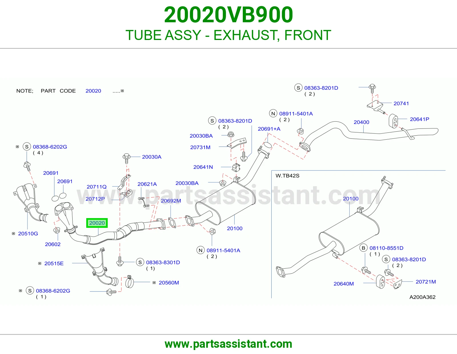 TUBE ASSY - EXHAUST, FRONT 20020VB900