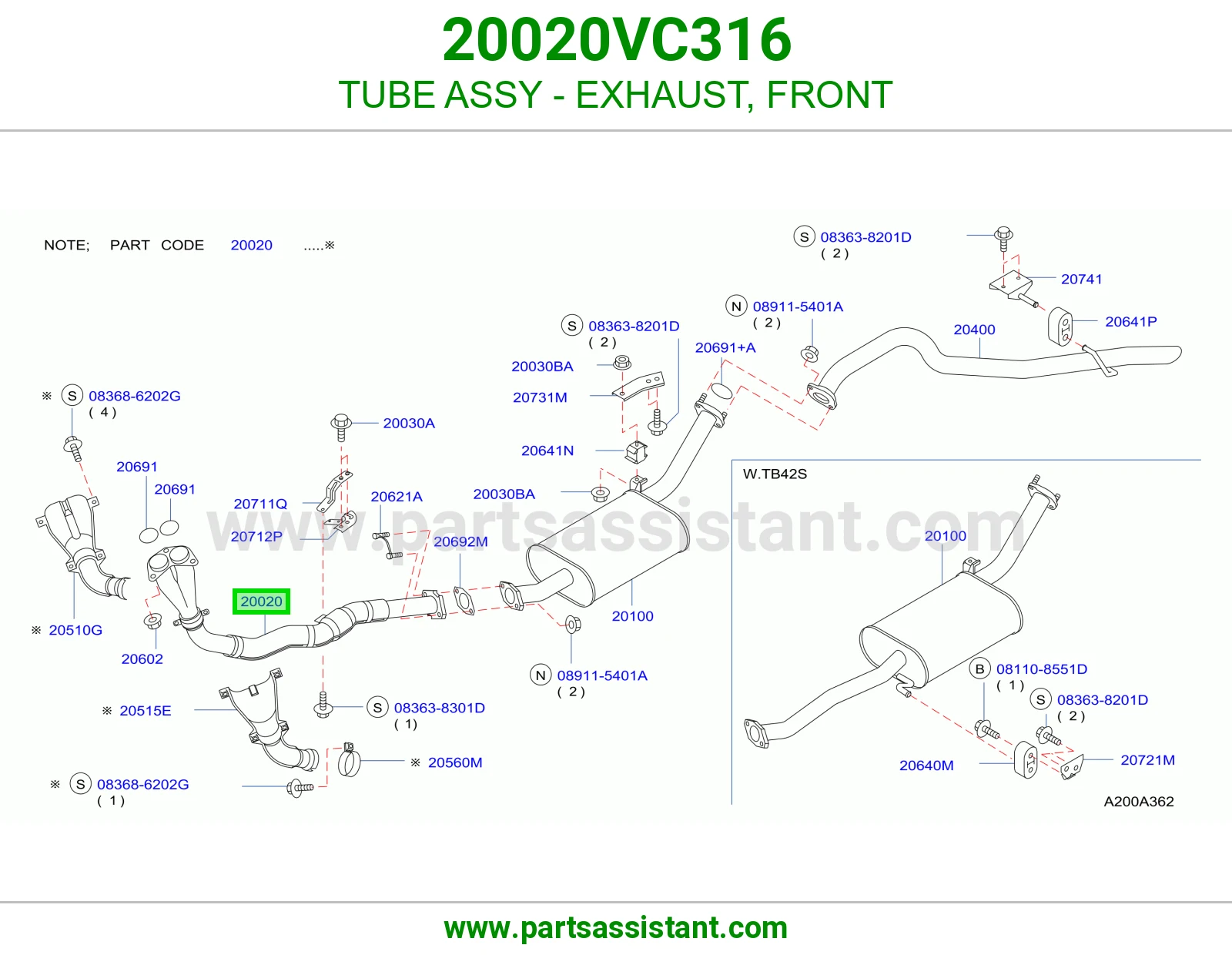 TUBE ASSY - EXHAUST, FRONT 20020VC316