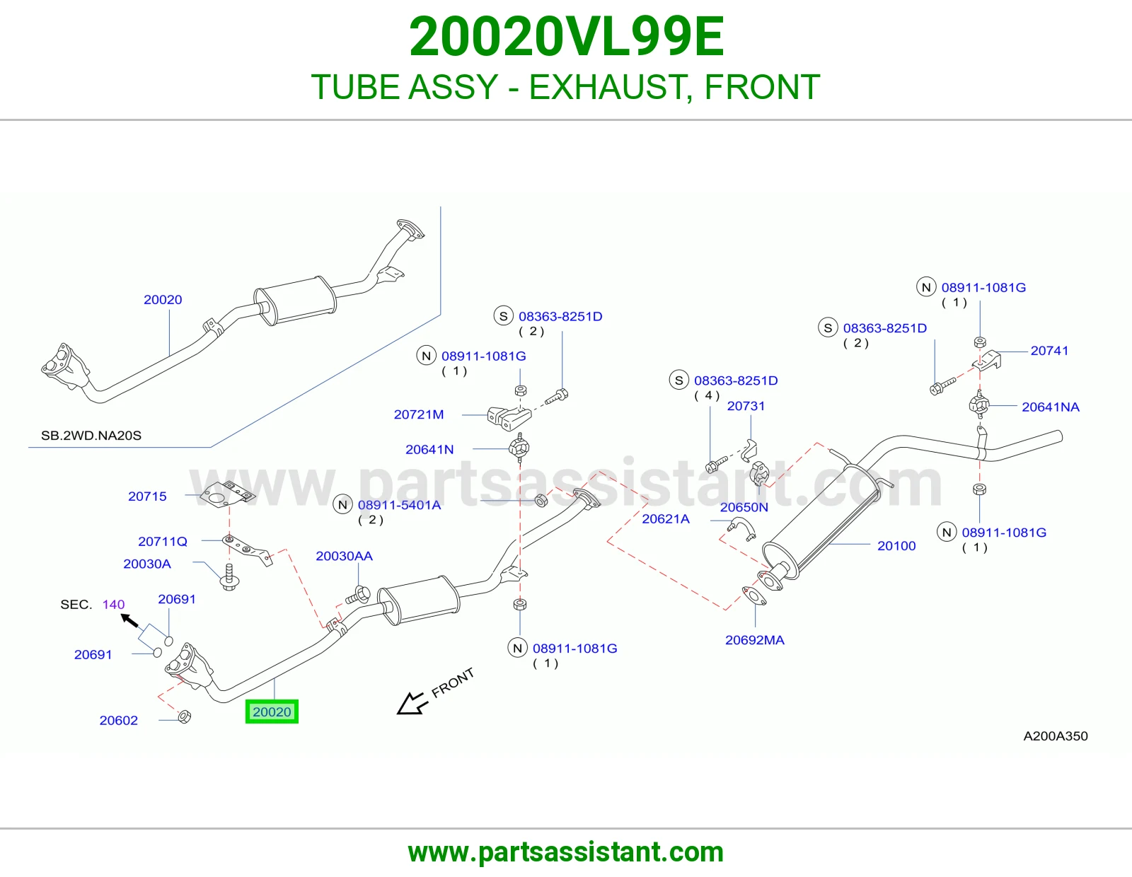 TUBE ASSY - EXHAUST, FRONT 20020VL99E