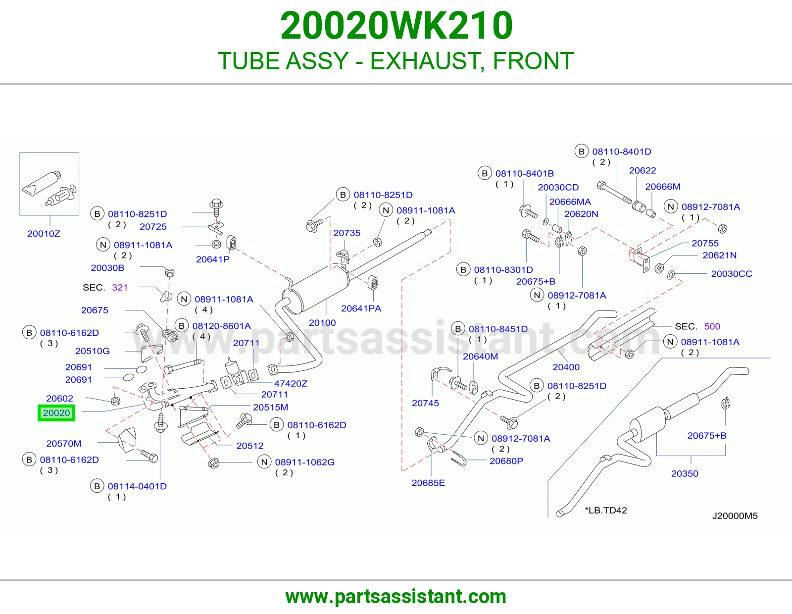 TUBE ASSY - EXHAUST, FRONT 20020WK210
