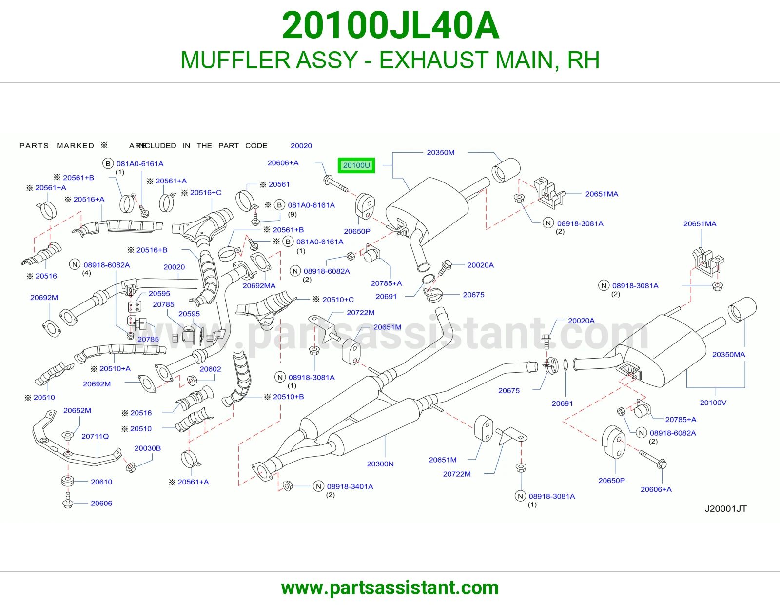 MUFFLER ASSY - EXHAUST MAIN, RH 20100JL40A