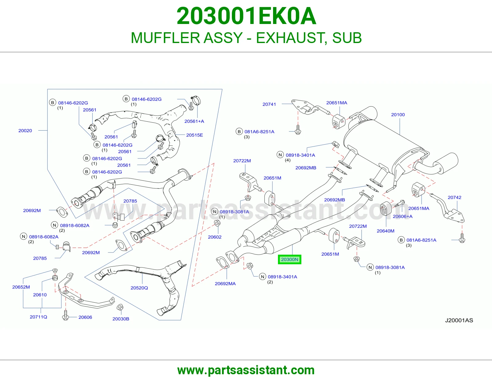 MUFFLER ASSY - EXHAUST, SUB 203001EK0A