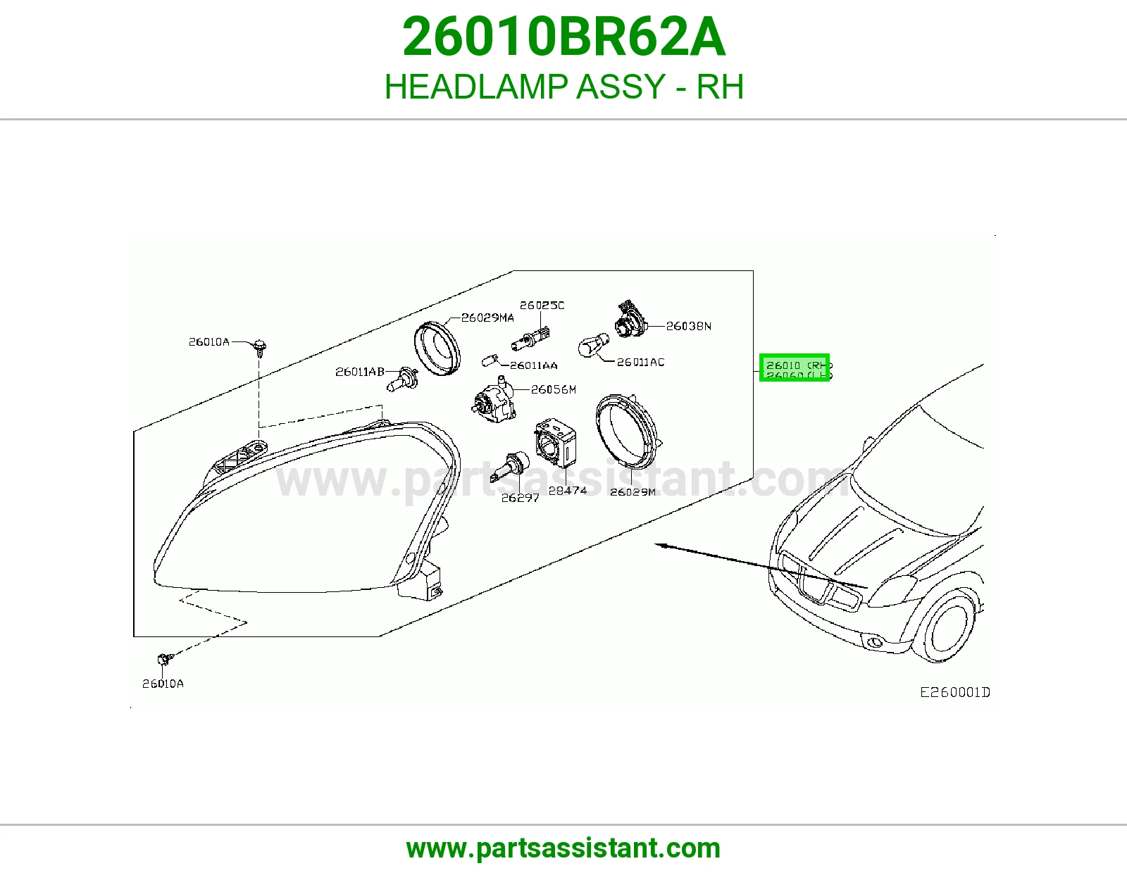 HEADLAMP ASSY - RH 26010BR62A