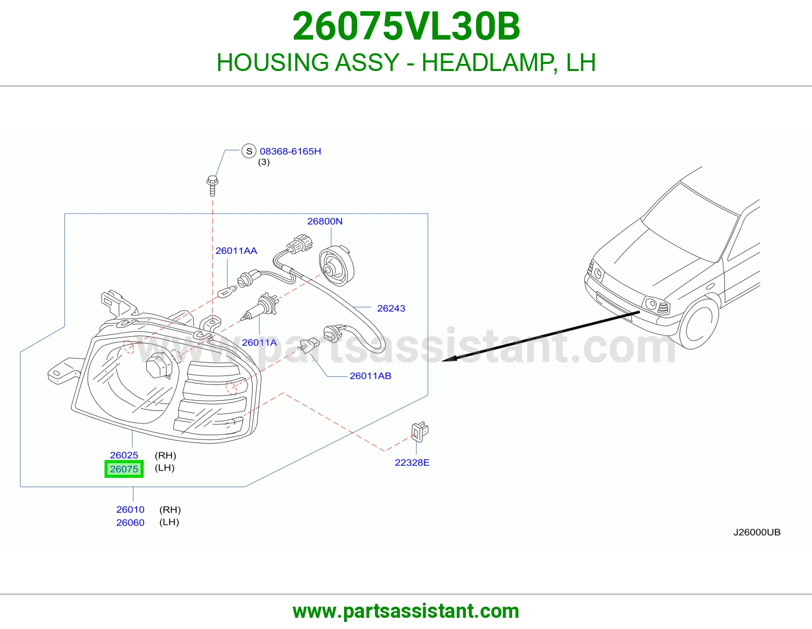 HOUSING ASSY - HEADLAMP, LH 26075VL30B