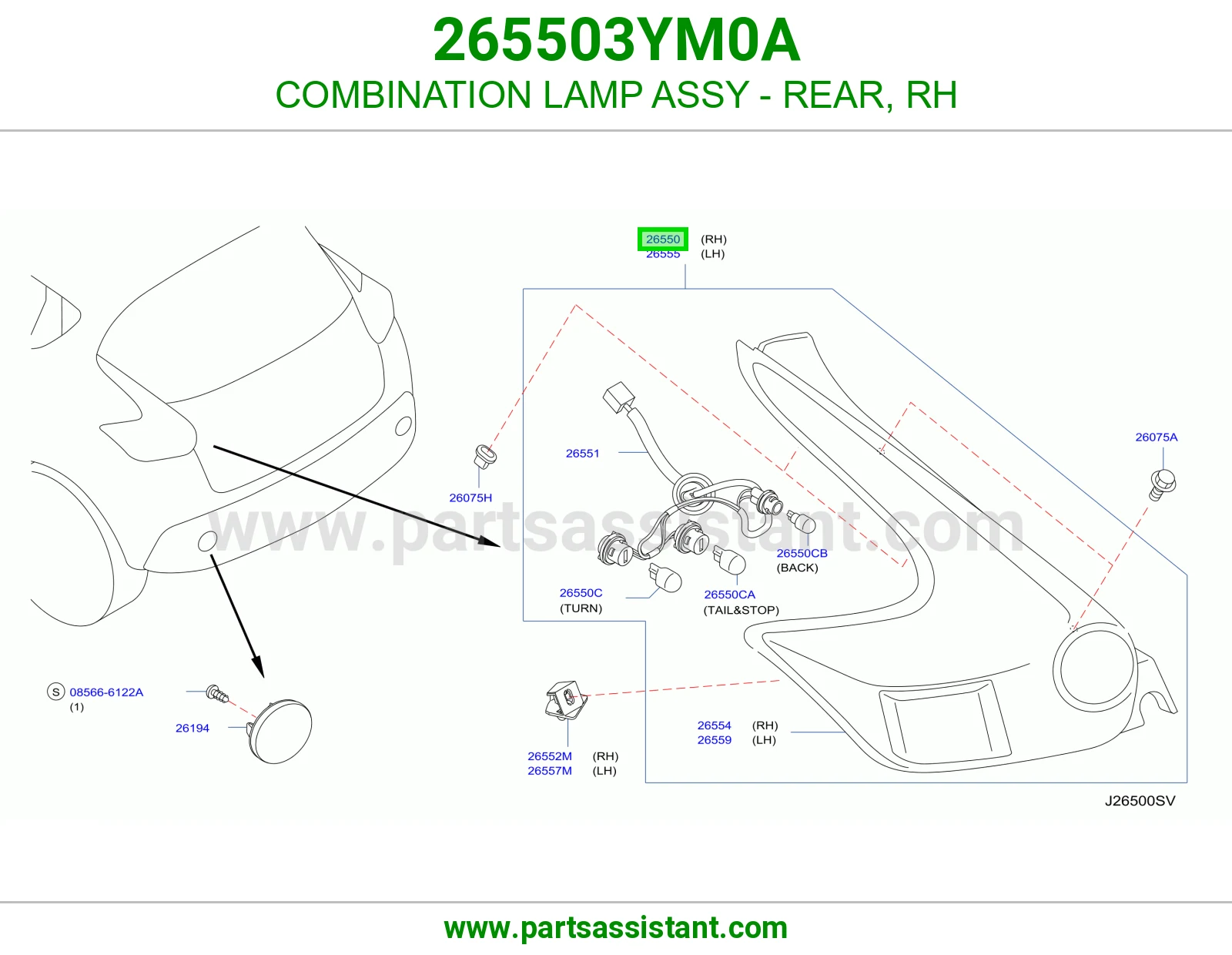 COMBINATION LAMP ASSY - REAR, RH 265503YM0A