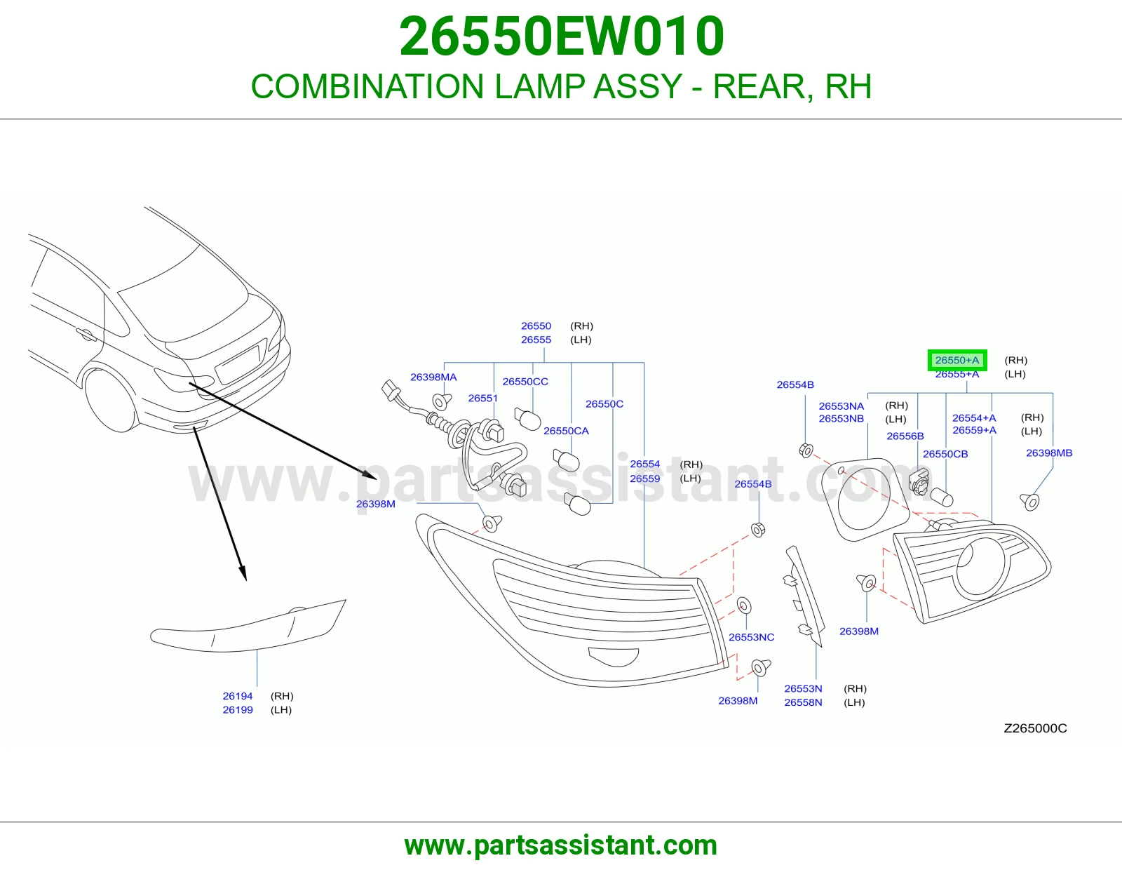 COMBINATION LAMP ASSY - REAR, RH 26550EW010