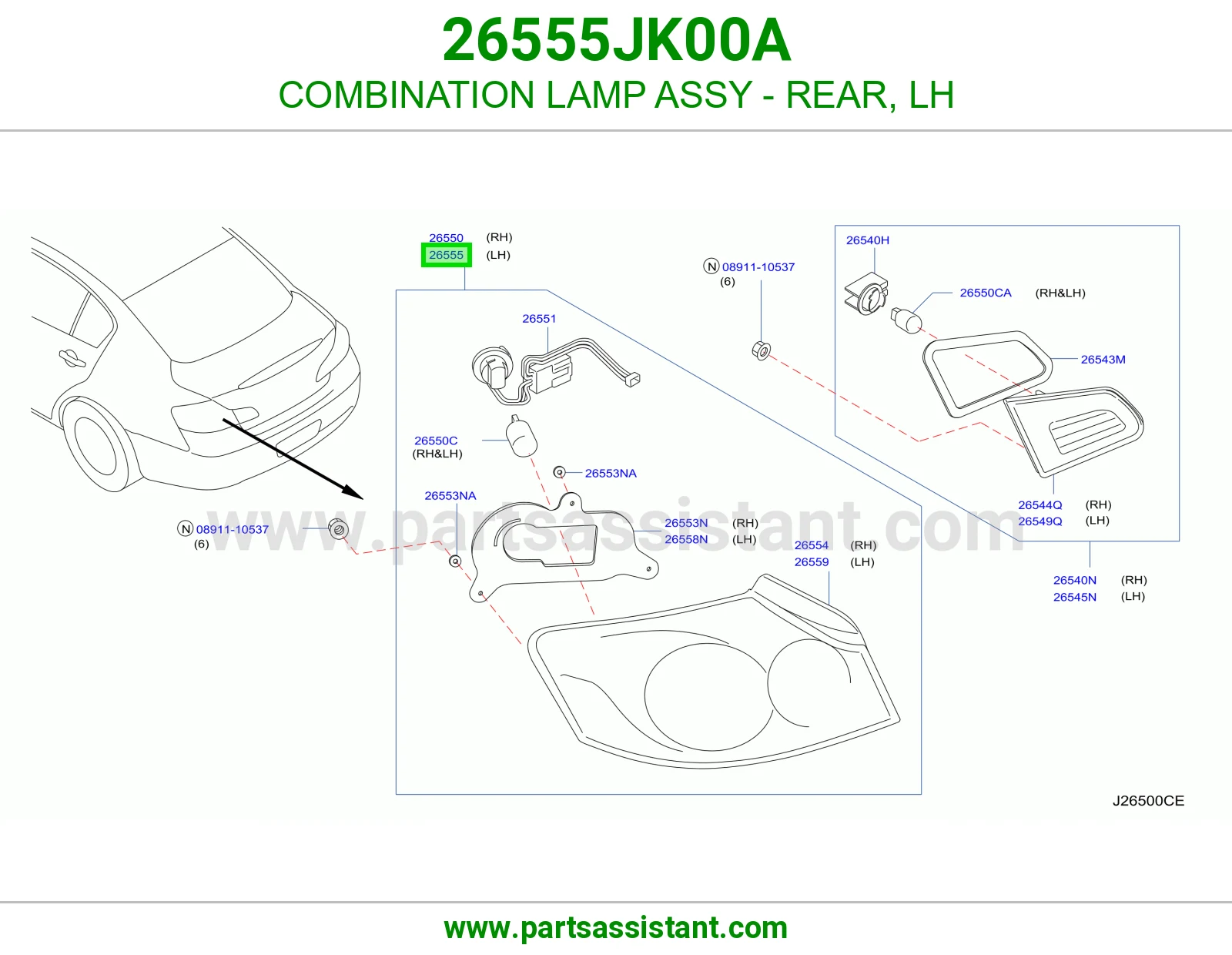 COMBINATION LAMP ASSY - REAR, LH 26555JK00A