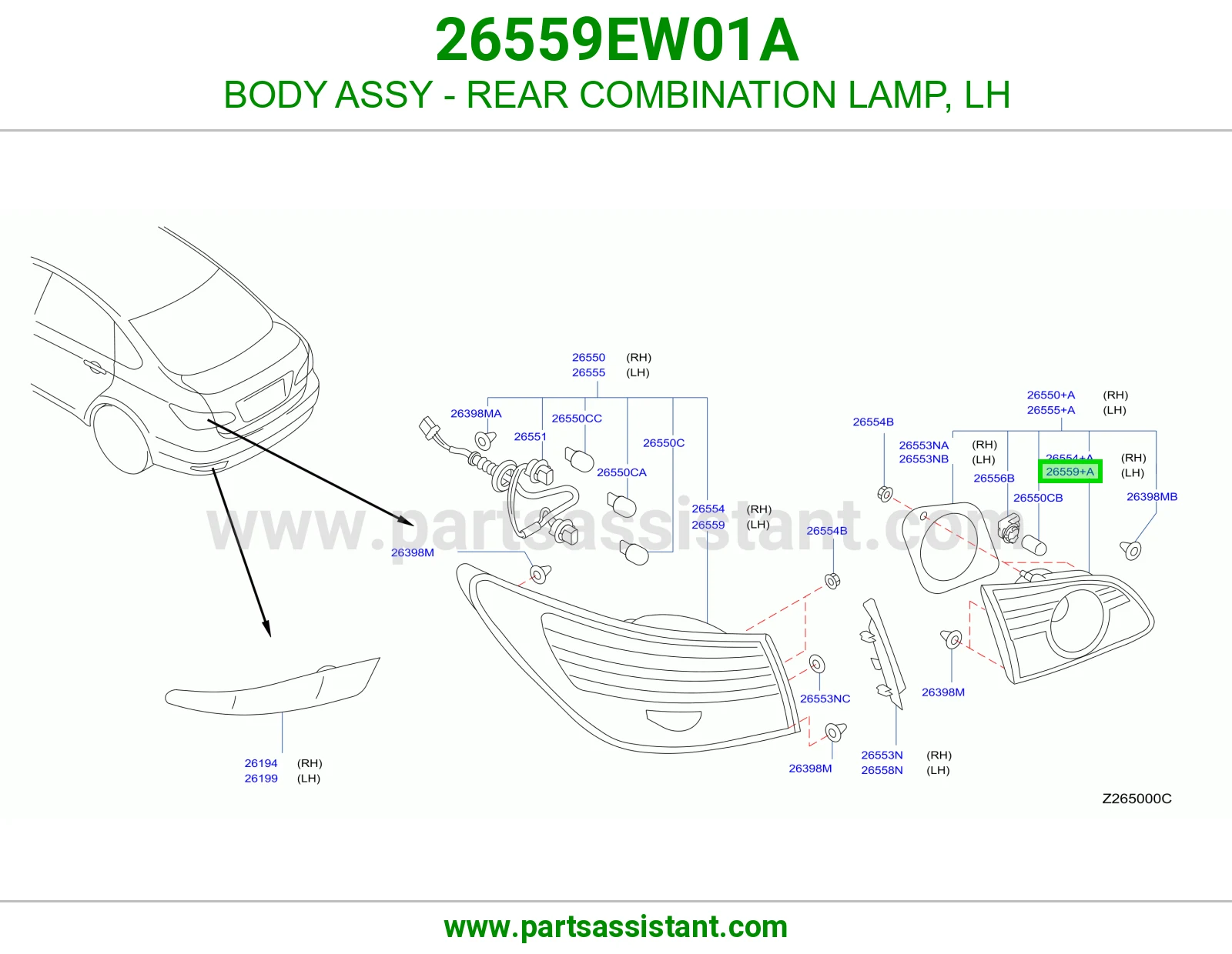 BODY ASSY - REAR COMBINATION LAMP, LH 26559EW01A