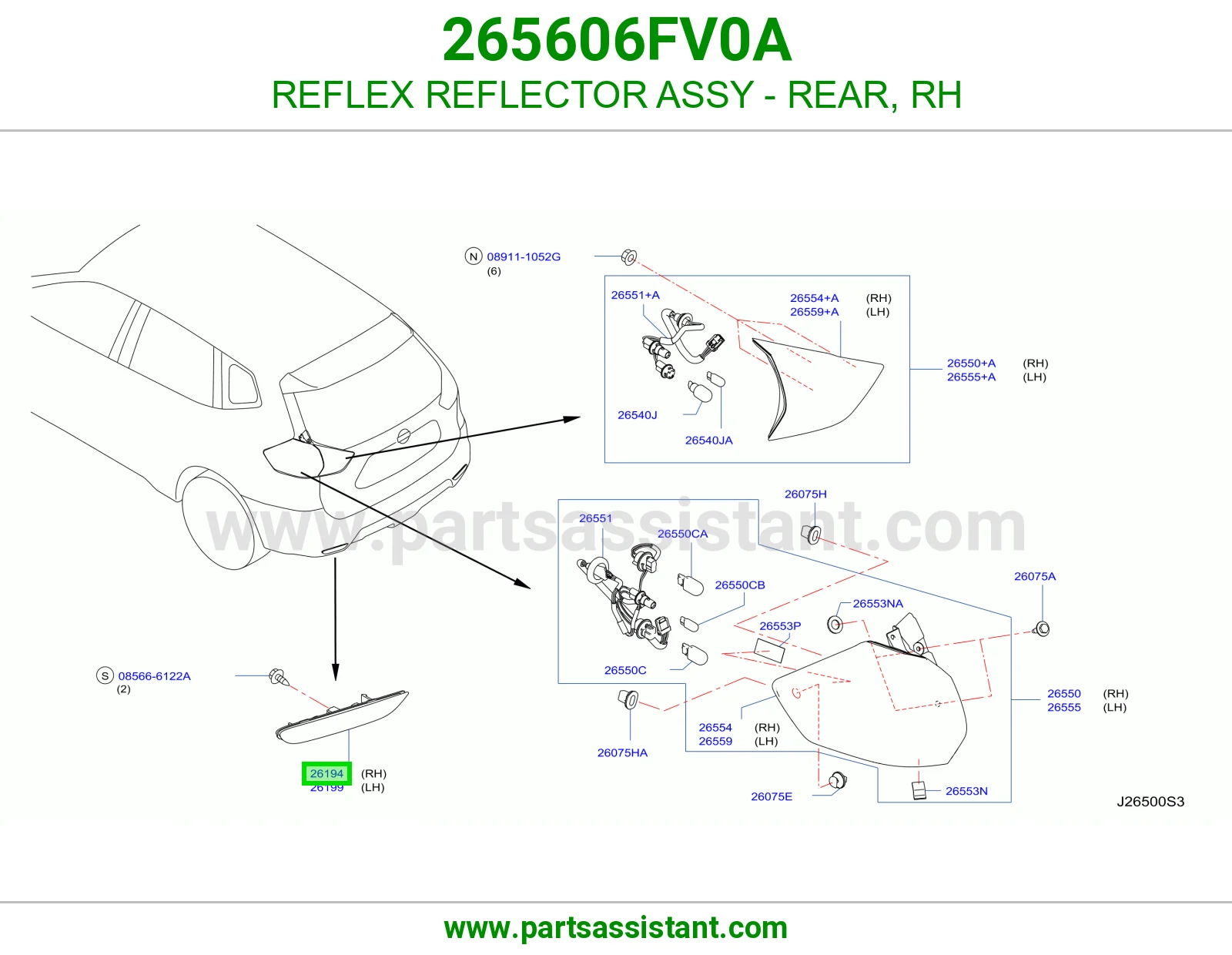 REFLEX REFLECTOR ASSY - REAR, RH 265606FV0A