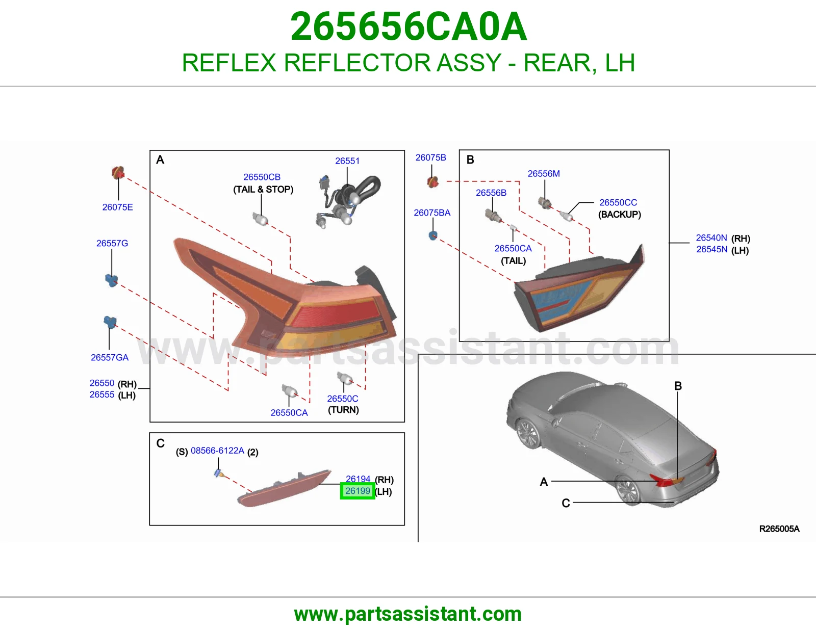 عاكس ضوئي خلفي يسار كامل 265656CA0A