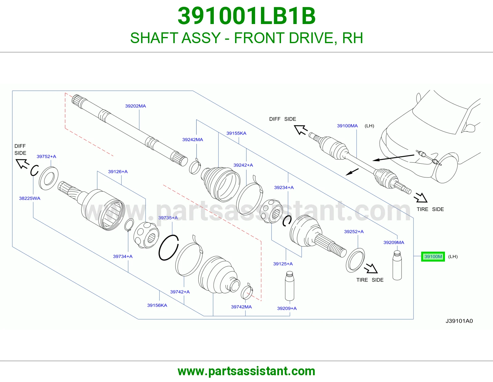 SHAFT ASSY - FRONT DRIVE, RH 391001LB1B
