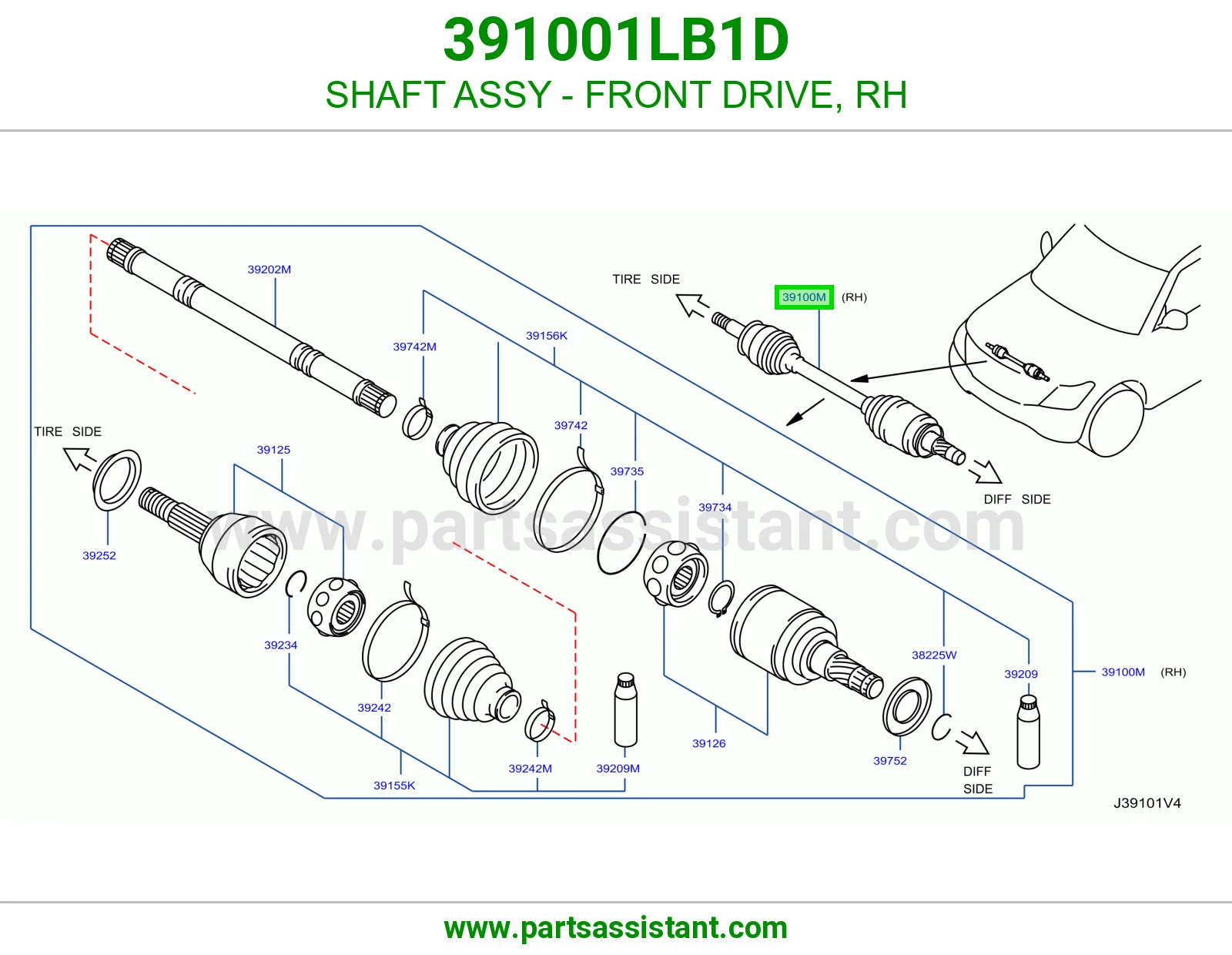 SHAFT ASSY - FRONT DRIVE, RH 391001LB1D