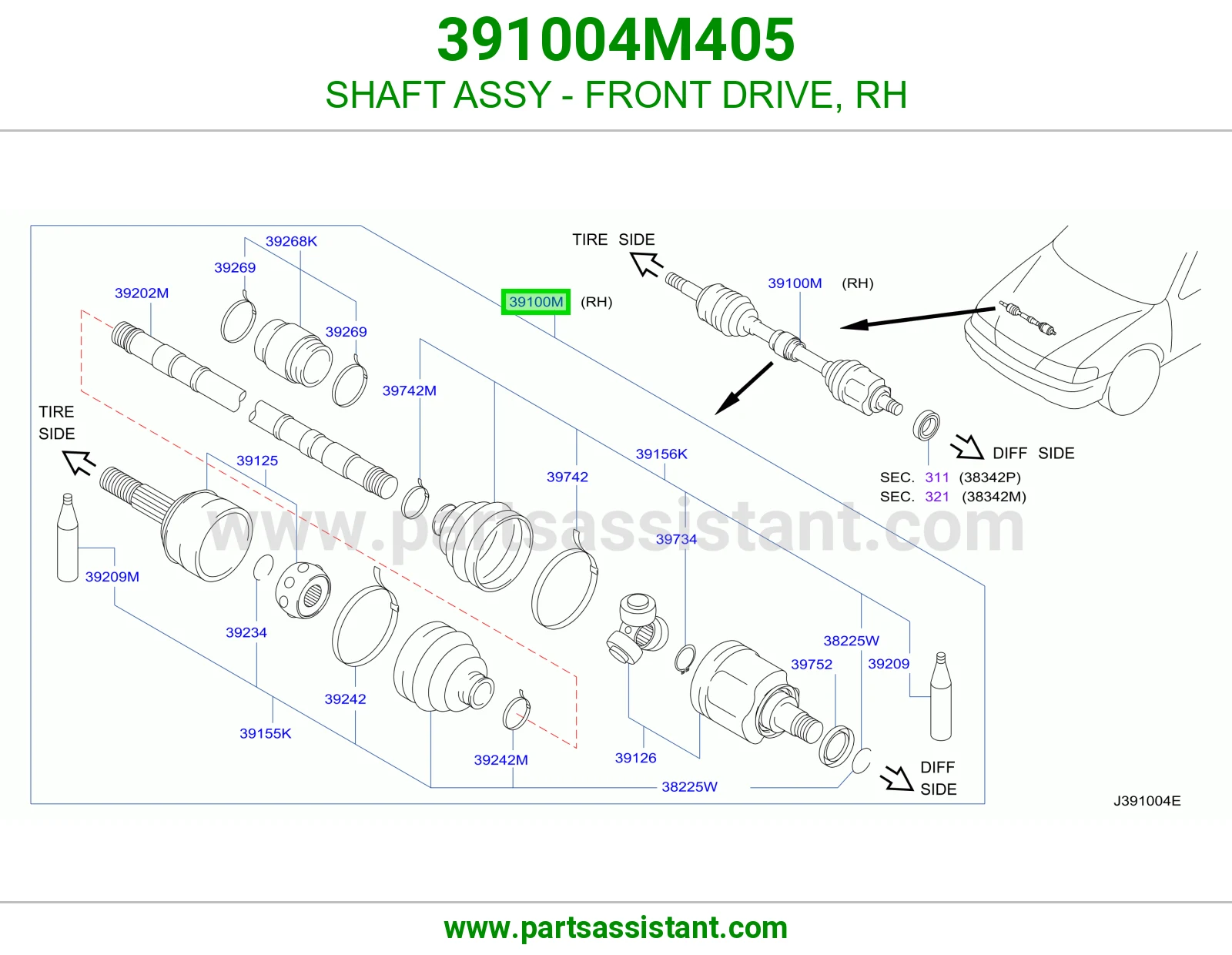 SHAFT ASSY - FRONT DRIVE, RH 391004M405