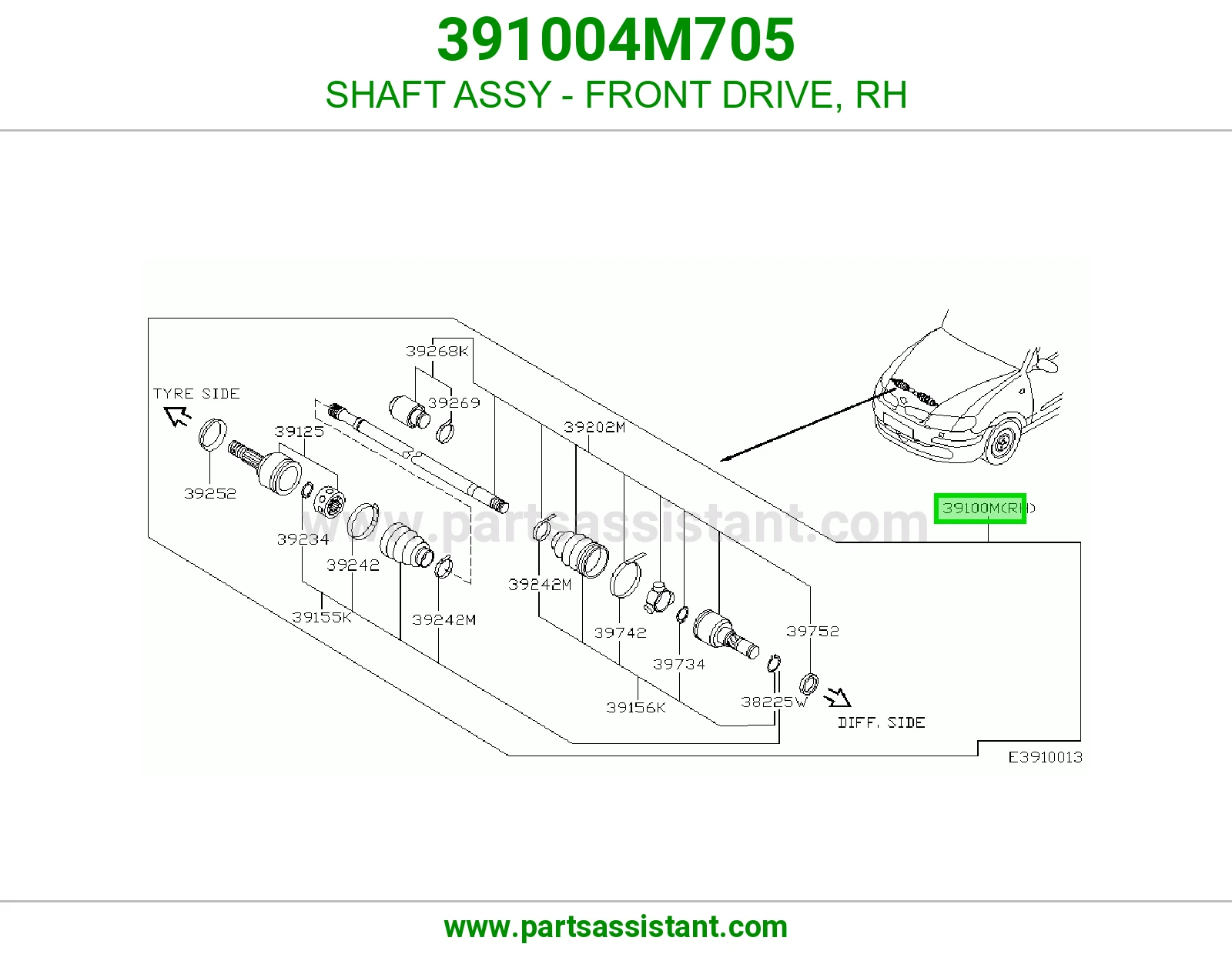 SHAFT ASSY - FRONT DRIVE, RH 391004M705