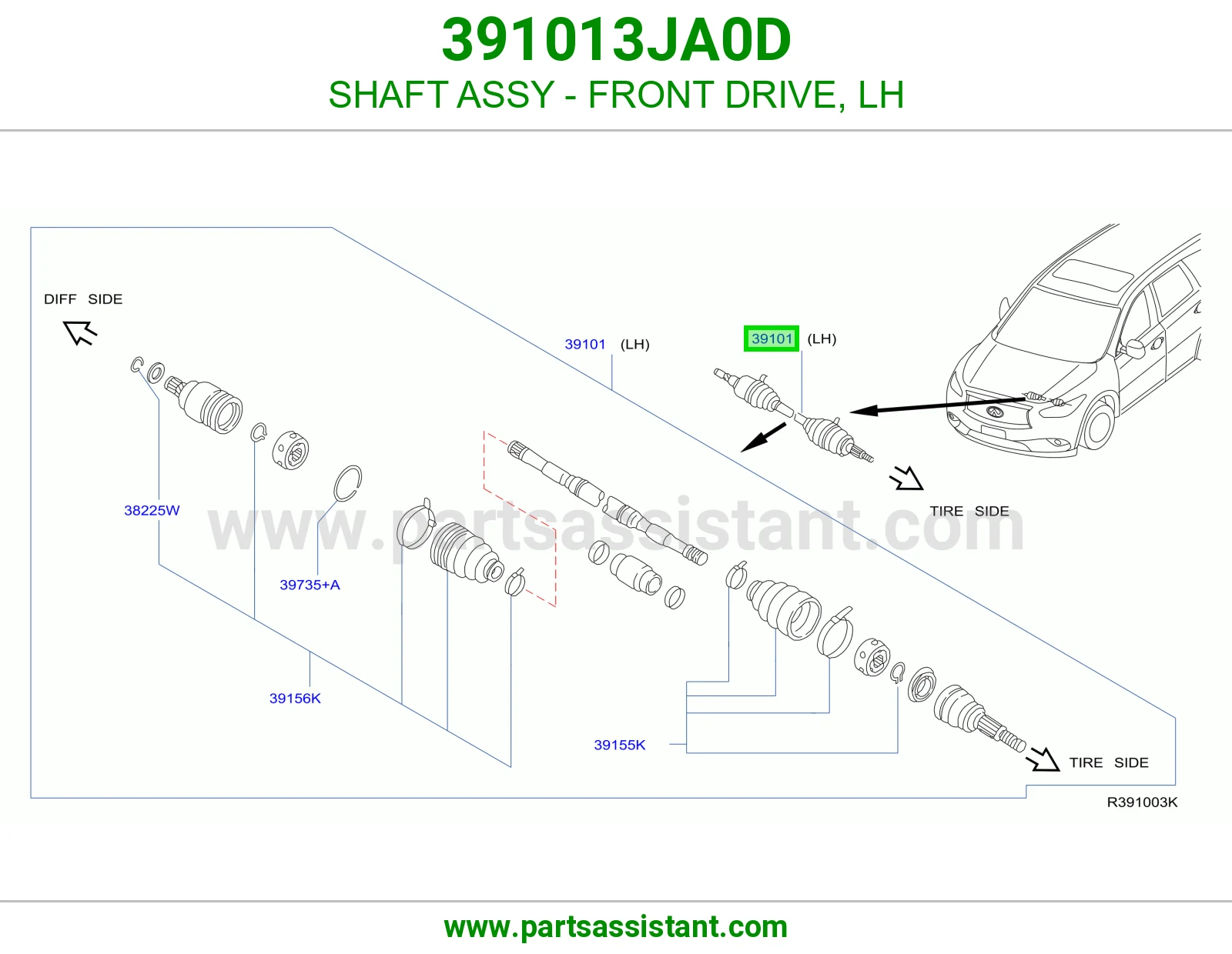 SHAFT ASSY - FRONT DRIVE, LH 391013JA0D