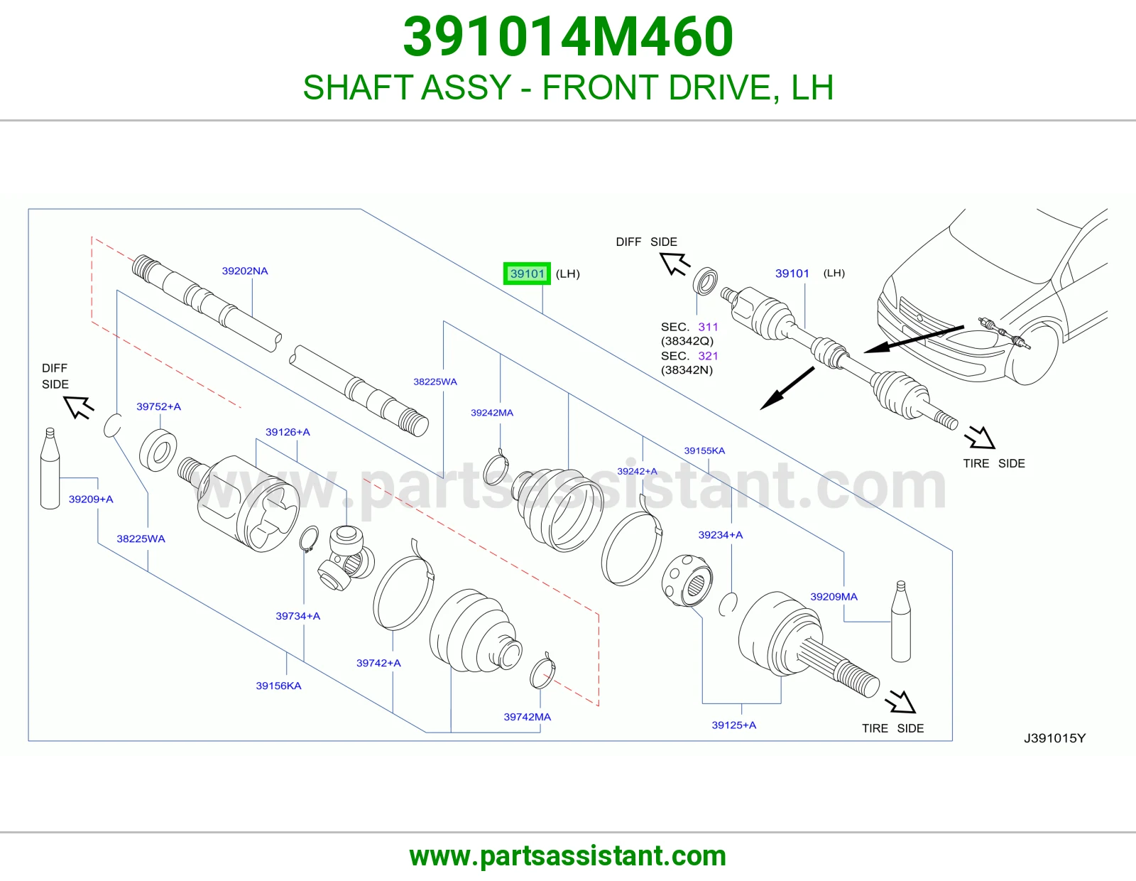 SHAFT ASSY - FRONT DRIVE, LH 391014M460