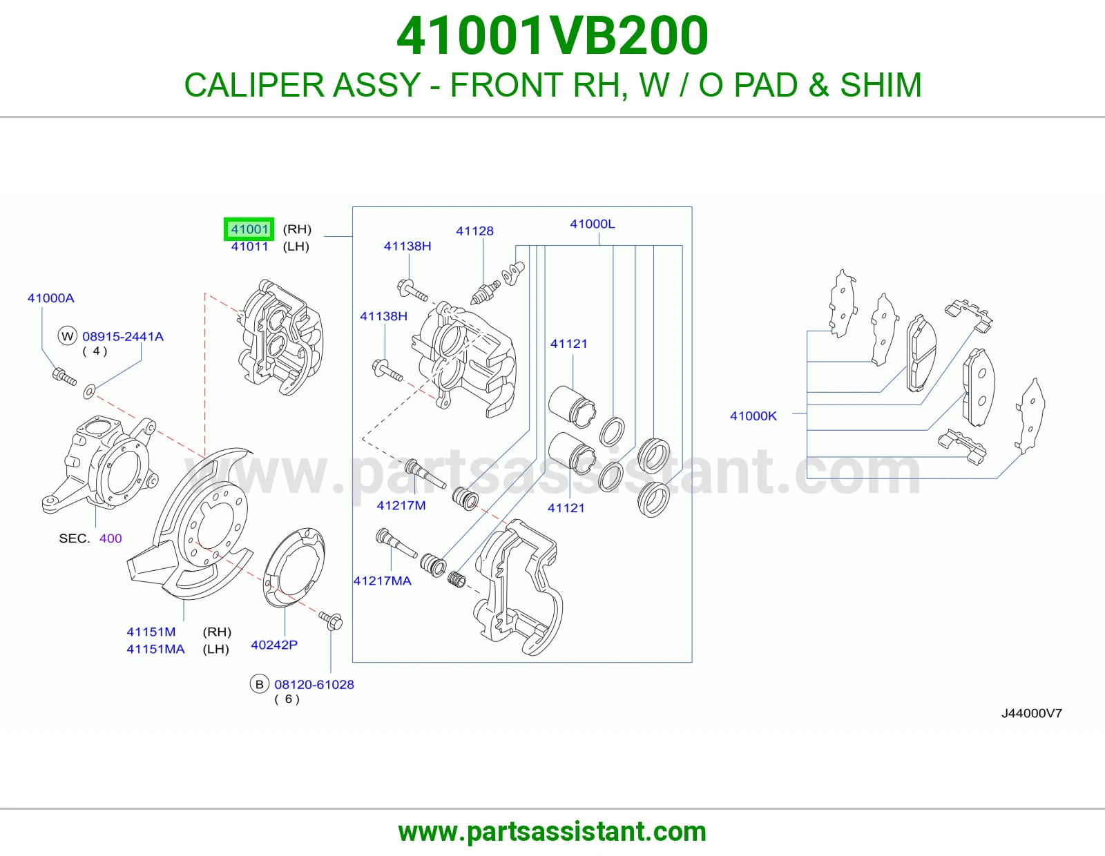 CALIPER ASSY - FRONT RH, W / O PAD & SHIM 41001VB200