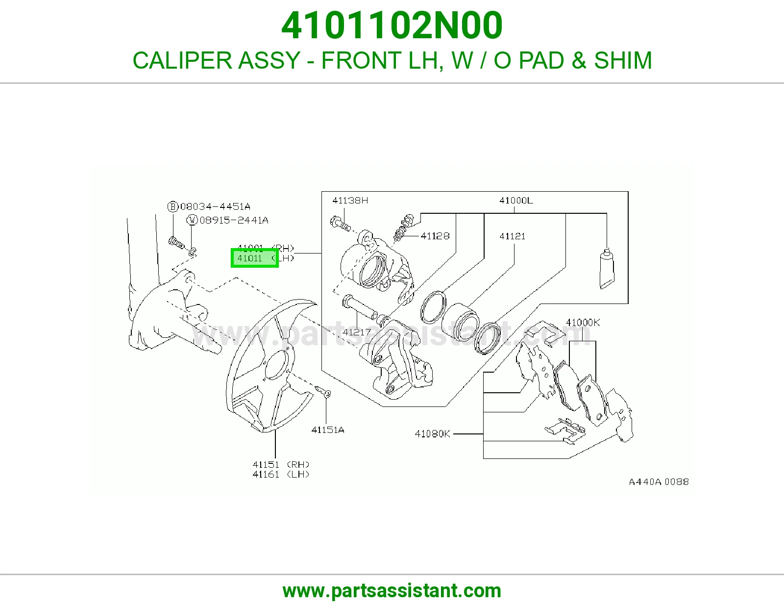 CALIPER ASSY - FRONT LH, W / O PAD & SHIM 4101102N00