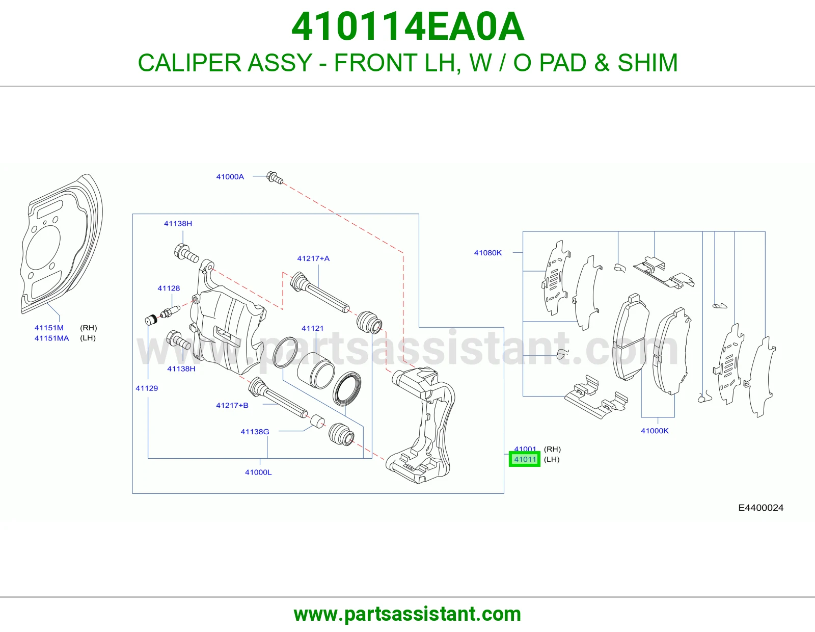 CALIPER ASSY - FRONT LH, W / O PAD & SHIM 410114EA0A