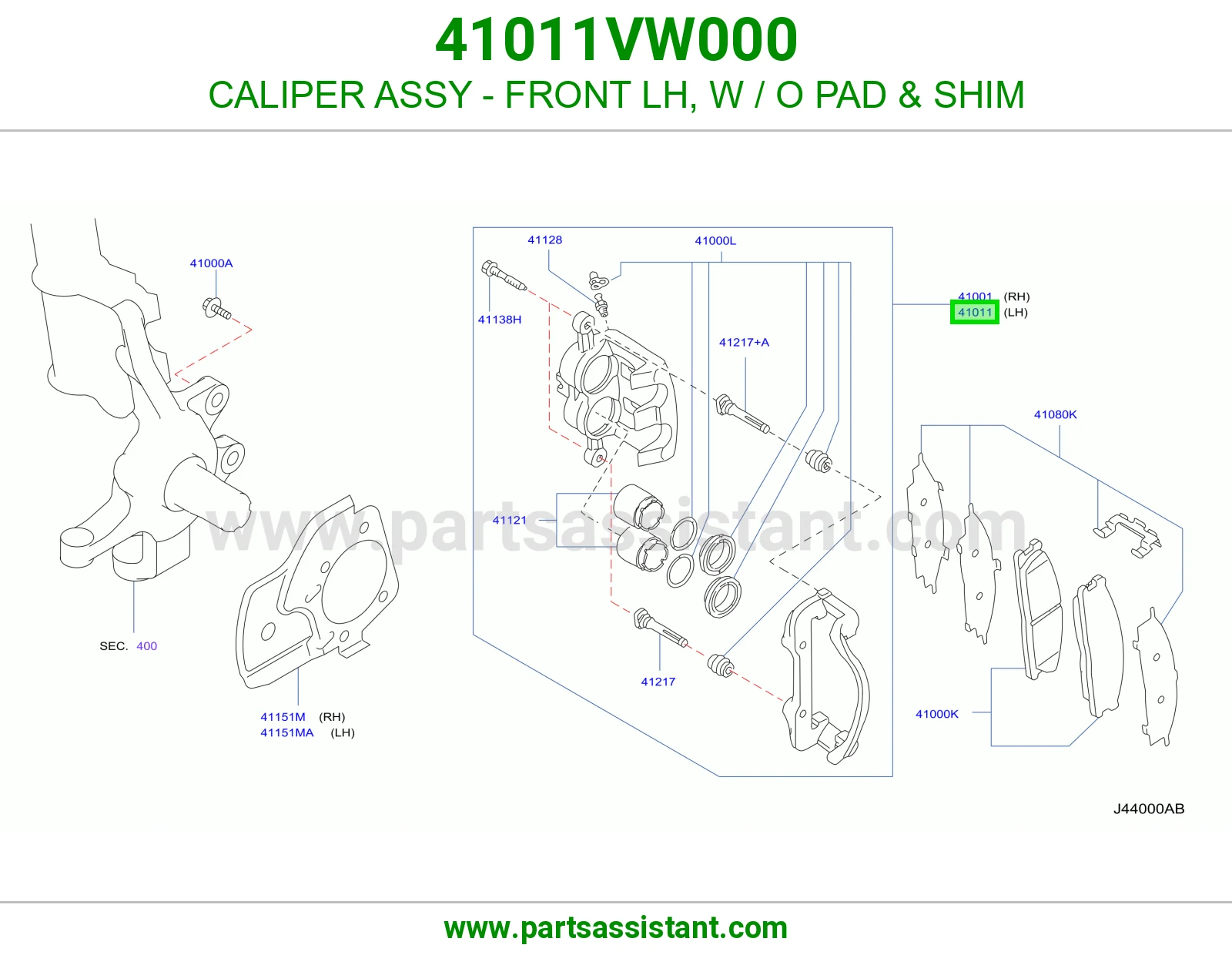 CALIPER ASSY - FRONT LH, W / O PAD & SHIM 41011VW000