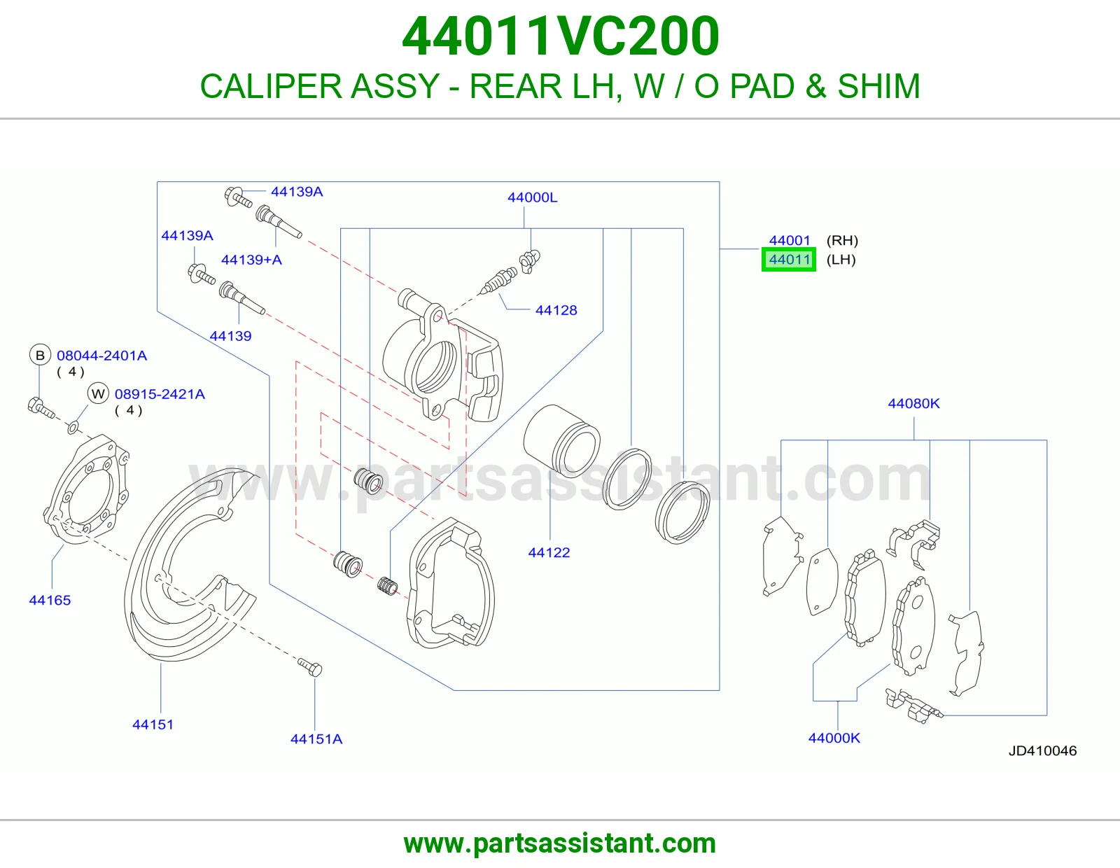 CALIPER ASSY - REAR LH, W / O PAD & SHIM 44011VC200