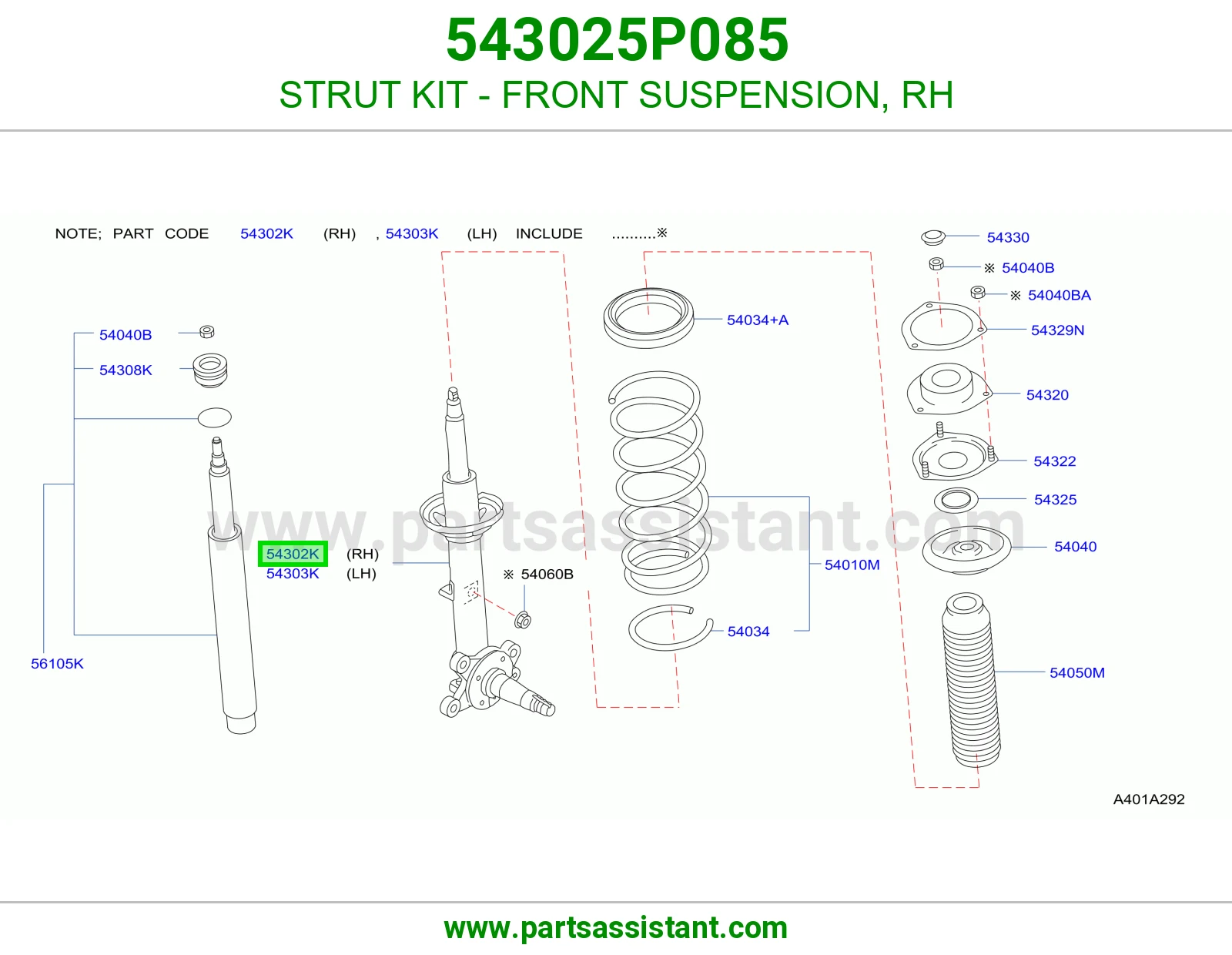 STRUT KIT - FRONT SUSPENSION, RH 543025P085