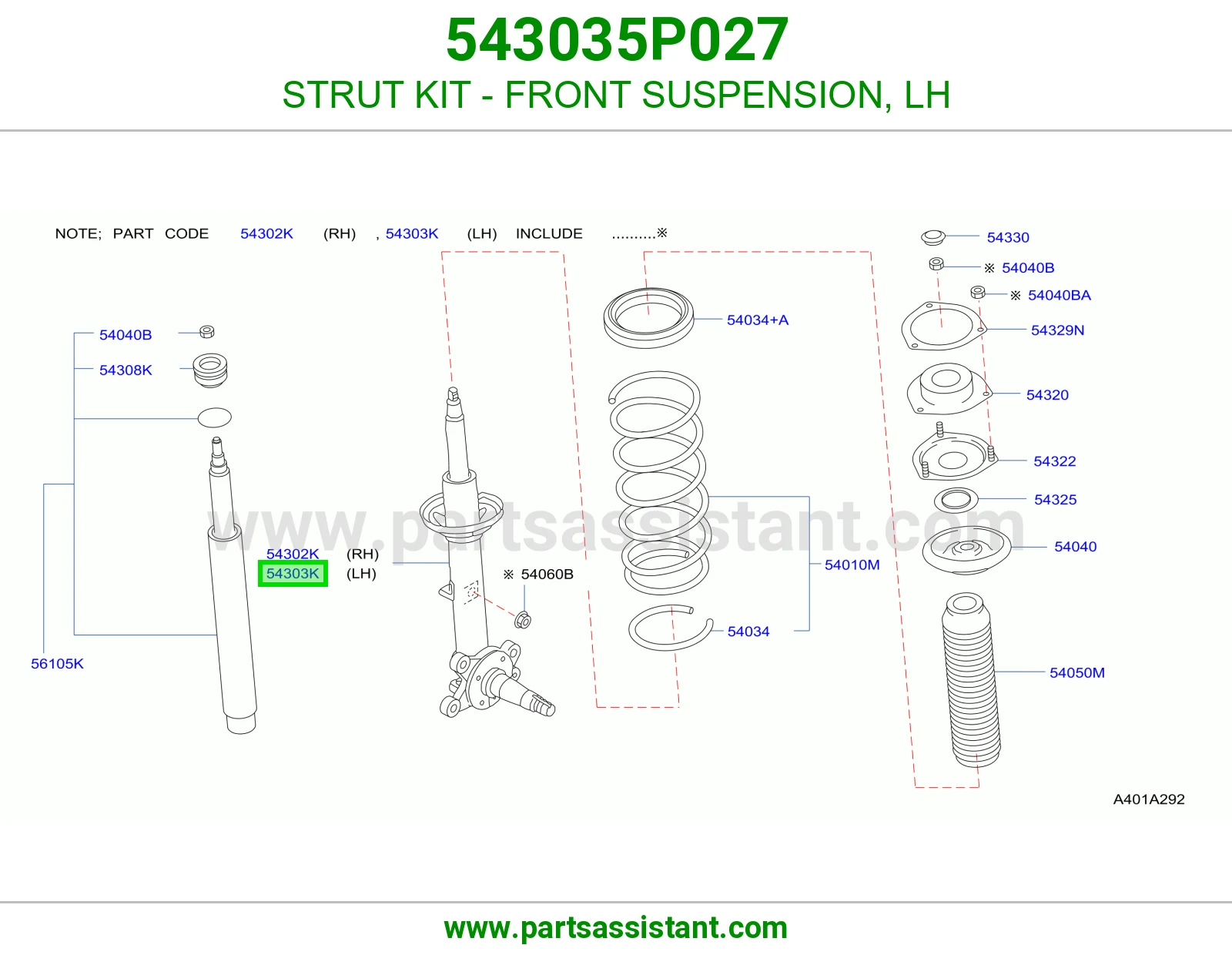 STRUT KIT - FRONT SUSPENSION, LH 543035P027