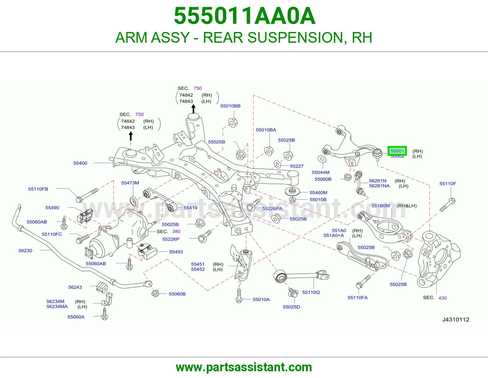 ARM ASSY - REAR SUSPENSION, RH 555011AA0A