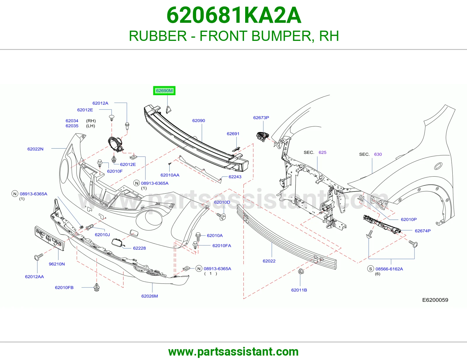 RUBBER - FRONT BUMPER, RH 620681KA2A