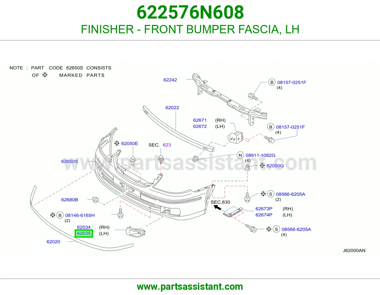 FINISHER - FRONT BUMPER FASCIA, LH 622576N608
