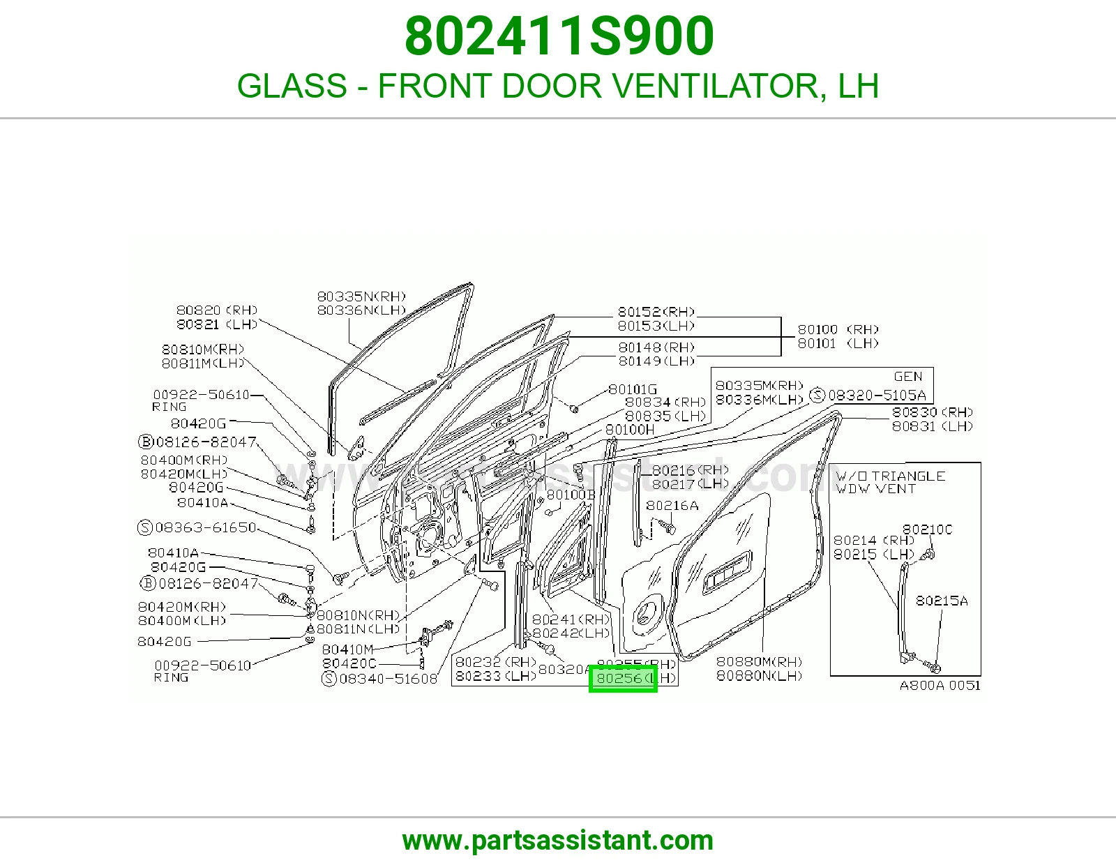GLASS - FRONT DOOR VENTILATOR, LH 802411S900