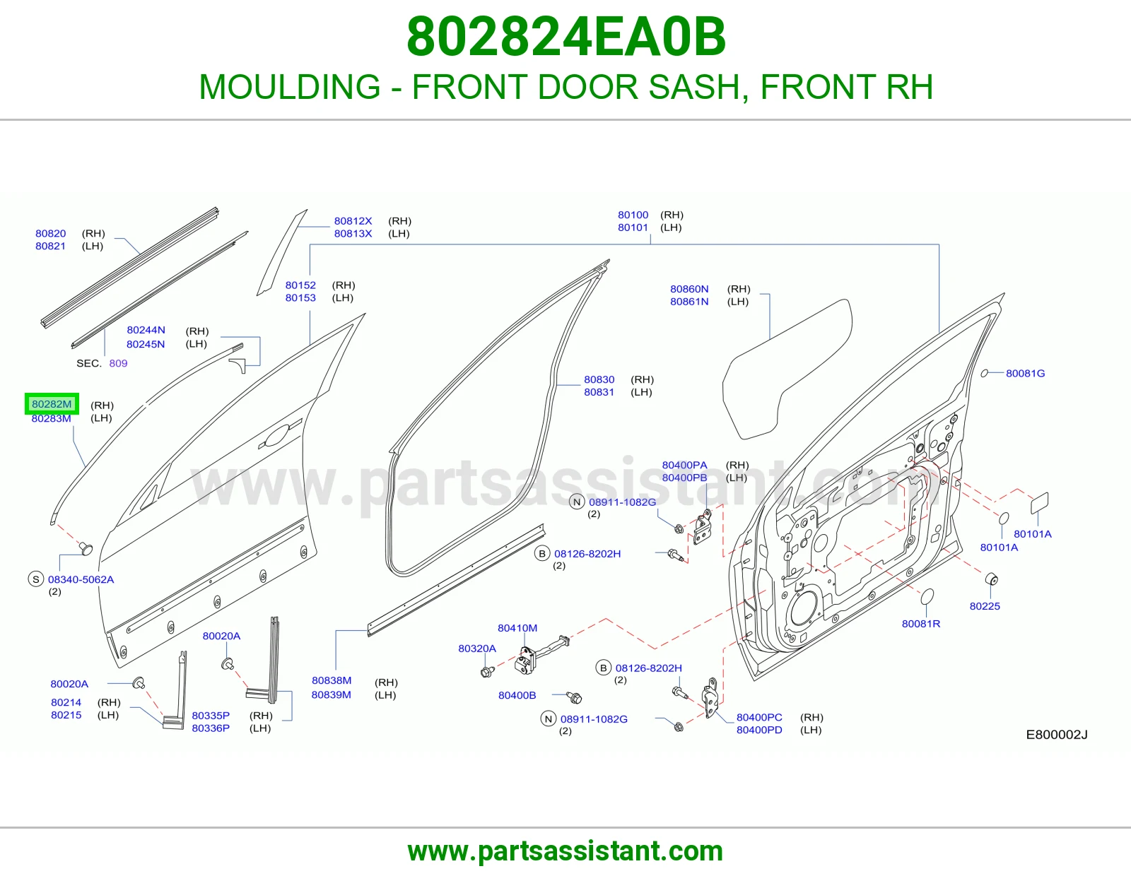 MOULDING - FRONT DOOR SASH, FRONT RH 802824EA0B