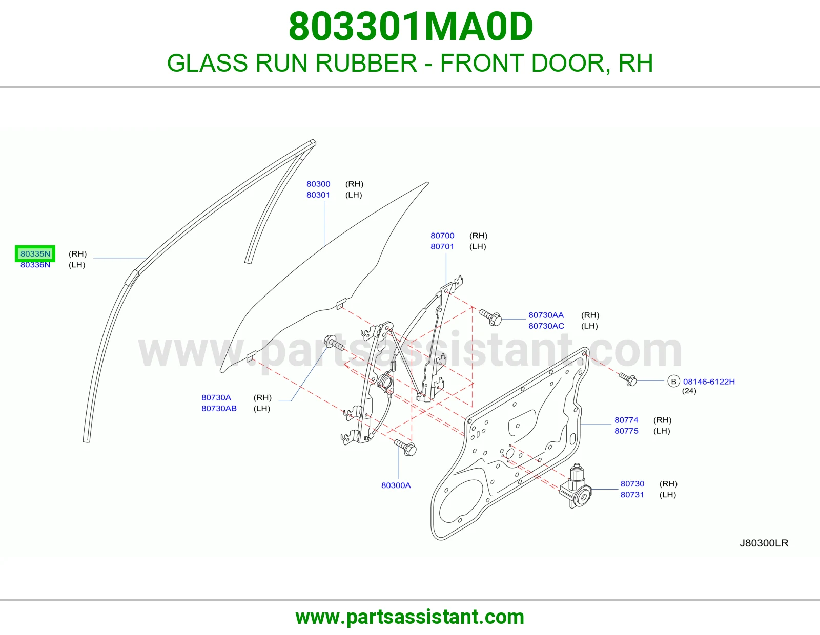 GLASS RUN RUBBER - FRONT DOOR, RH 803301MA0D